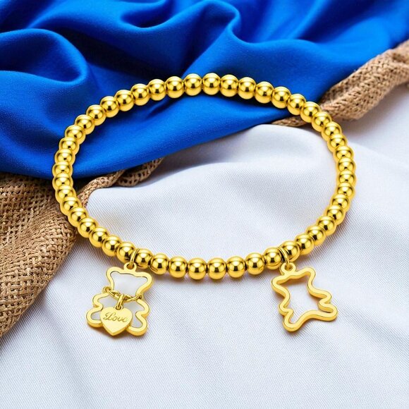 🆕️Whimsical 18K Gold Plated Stainless Steel Bear Charm Beaded Trendy Bracelet - Picture 1 of 11